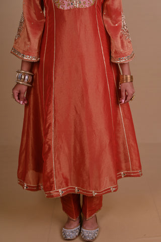Rust brown tissue silk kurta set