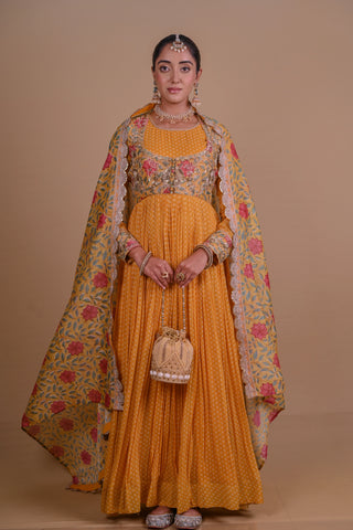 Yellow Block printed Anarkali & Jacket set