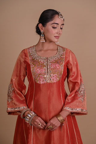 Rust brown tissue silk kurta set