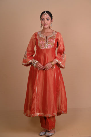 Rust brown tissue silk kurta set