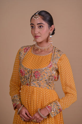 Yellow Block printed Anarkali & Jacket set