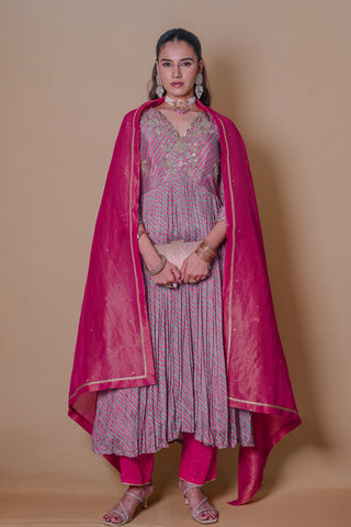 Pink striped Anarkali set