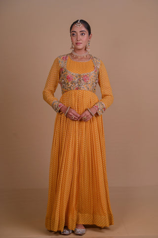 Yellow Block printed Anarkali & Jacket set