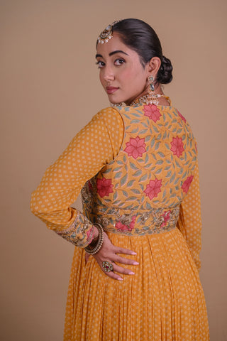 Yellow Block printed Anarkali & Jacket set