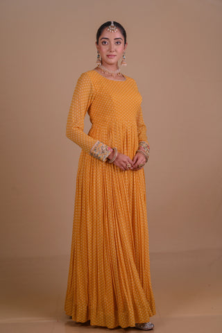 Yellow Block printed Anarkali & Jacket set