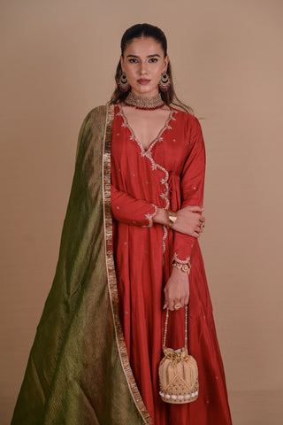 Maroon Angrakha style Anarkali Set