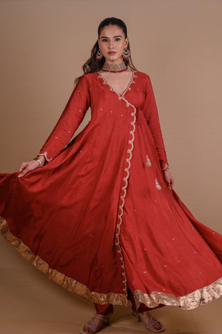 Maroon Angrakha style Anarkali Set