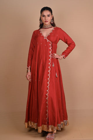Maroon Angrakha style Anarkali Set