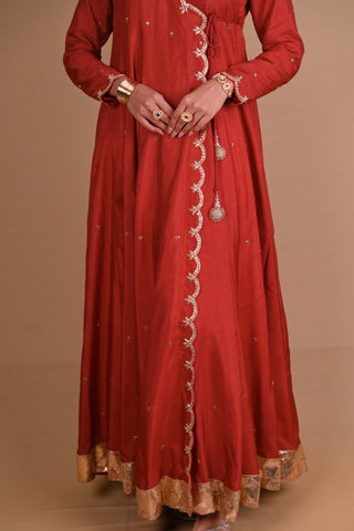 Maroon Angrakha style Anarkali Set