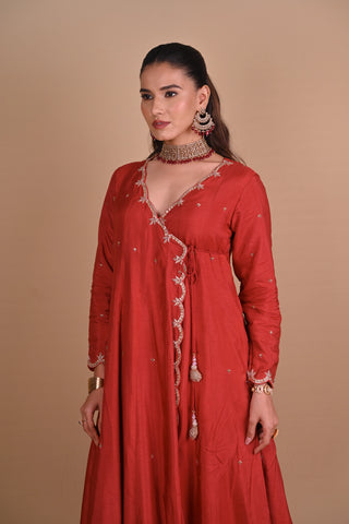 Maroon Angrakha style Anarkali Set