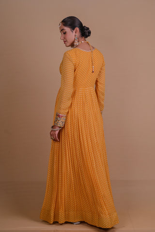 Yellow Block printed Anarkali & Jacket set