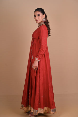 Maroon Angrakha style Anarkali Set