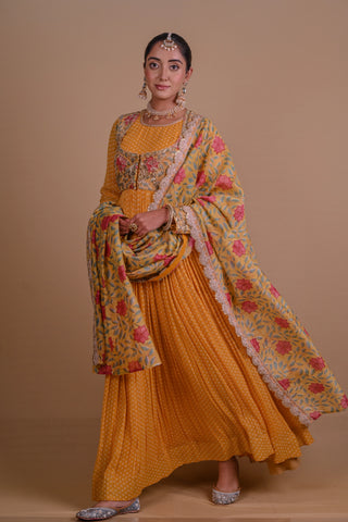 Yellow Block printed Anarkali & Jacket set