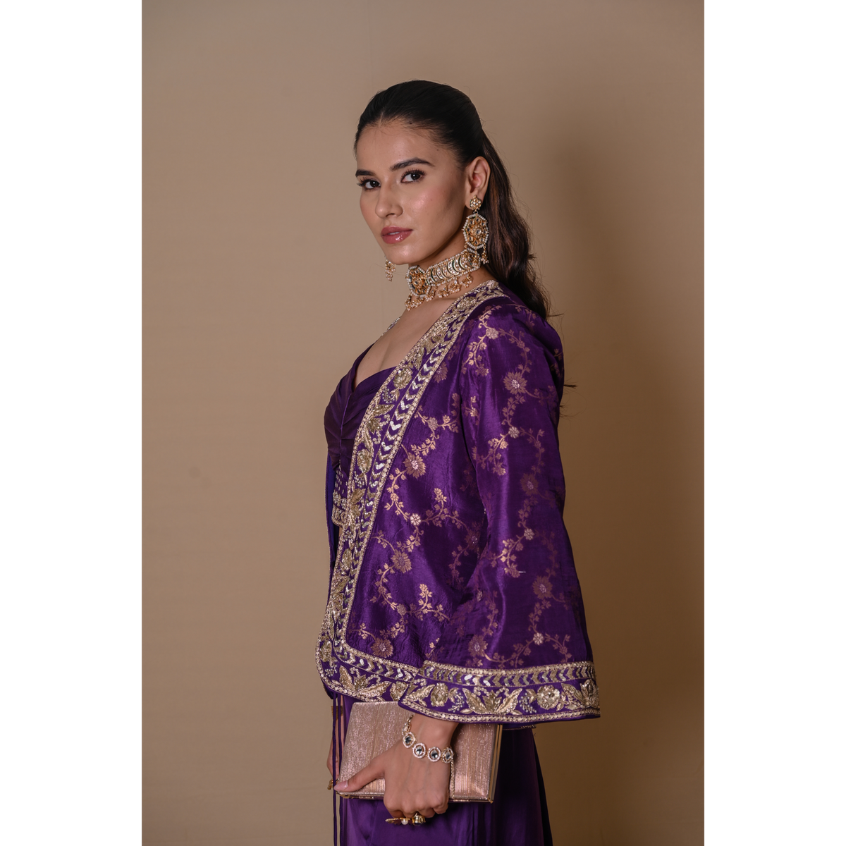 Purple bell sleeves jacket & skirt set